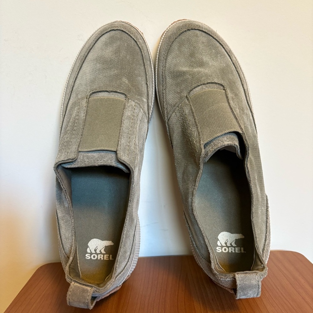 SOREL Out N About Gray-Green Suede Slip-On Sneakers | Women's Size 11